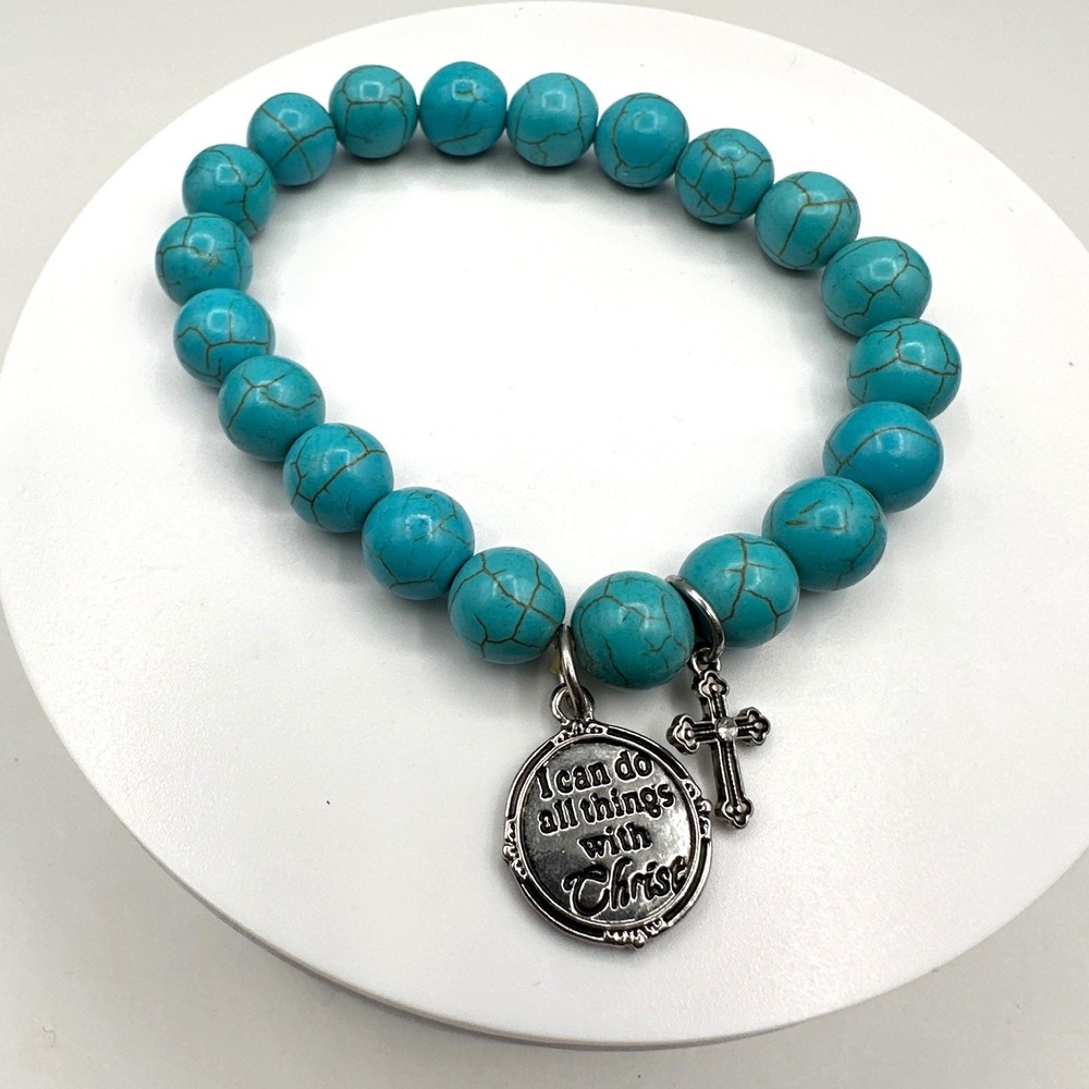 Vintage 90s Turquoise Bead Bracelet Charms Cross Christ Quote Rhinestone Jewelry